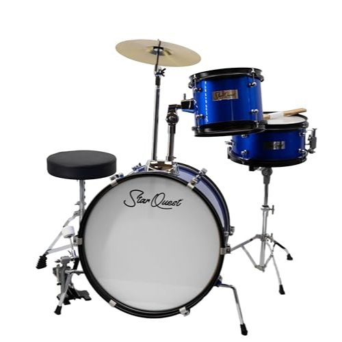 STARQUEST  Junior 3-Piece Drum Set, Metallic Finish With Bass, Snare, Tom And Crash Cymbal, Perfect for Young Drummers And Beginners In Blue