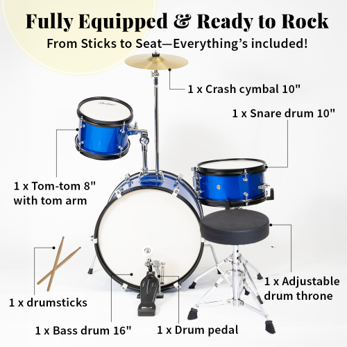 StarQuest Junior 3-Piece Drum Set – Premium Metallic Blue Finish with Bass, Snare, Tom and Crash Cymbal – Perfect for Junior Drummers and Beginners