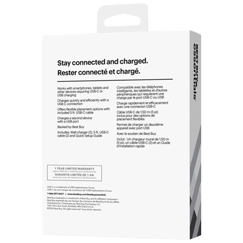 Best Buy Essentials 20W USB-C Wall Charger Kit (BE-MW220CA1W24B-C) - 2 Pack - Only at Best Buy