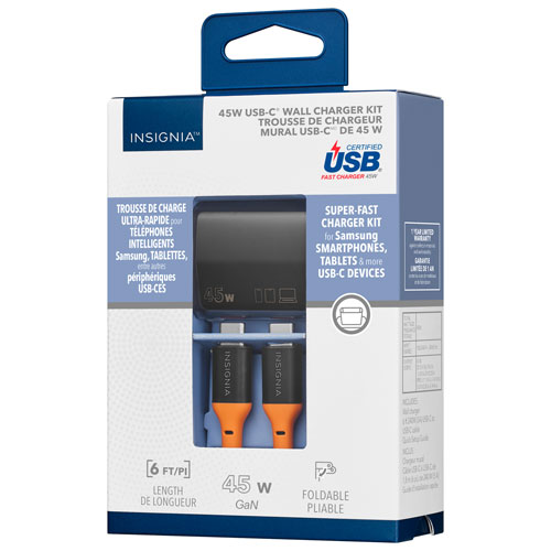 Chargeur mural USB-C PD de 45 W d'Insignia avec câble tissé USB-C de 6 pi - Exclusivité Best Buy