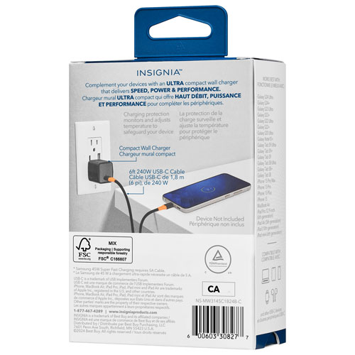 Chargeur mural USB-C PD de 45 W d'Insignia avec câble tissé USB-C de 6 pi - Exclusivité Best Buy