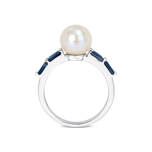 8-8.5mm White Freshwater Cultured Pear with Sapphires Ring in 10K White Gold