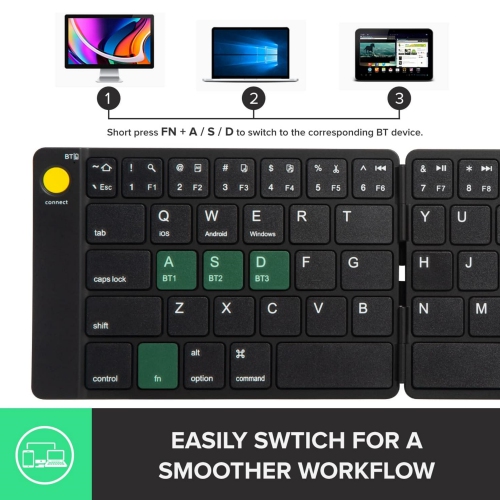 Portable Keyboard and Mouse Combo Wireless, Ultra-Thin Foldable Keyboard, Sliding Mouse and Protective Case, for Tablet, Smartphone, Laptop, Black