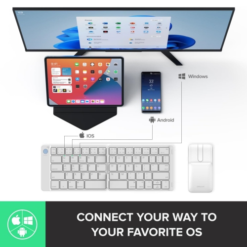 Portable Keyboard and Mouse Combo Wireless, Ultra-Thin Foldable Keyboard, Sliding Mouse and Protective Case, for Tablet, Smartphone, Laptop, White