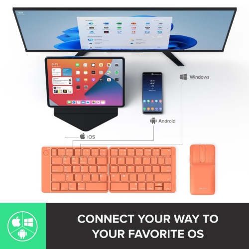 Portable Keyboard and Mouse Combo Wireless, Ultra-Thin Foldable Keyboard, Sliding Mouse and Protective Case, for Tablet, Smartphone, Laptop, Orange