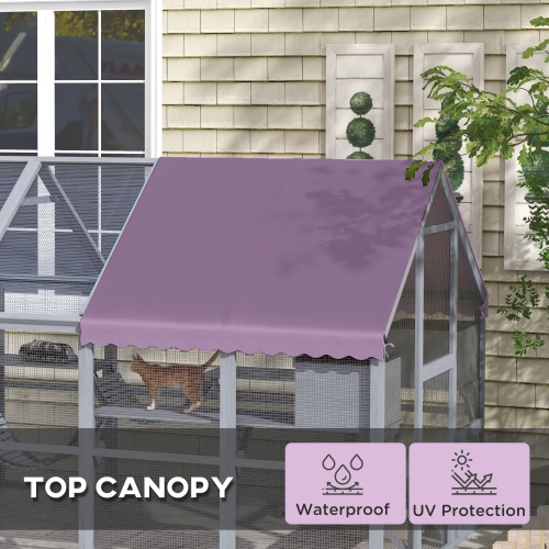 PawHut Extra Large Catio Outdoor Cat Enclosure, 110"L Wooden Feral House with Weatherproof Canopy, Bridges, Resting Boxes, Platforms, Walk in Cat