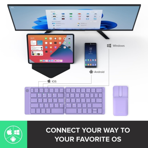 Portable Keyboard and Mouse Combo Wireless, Ultra-Thin Foldable Keyboard, Sliding Mouse and Protective Case, for Tablet, Smartphone, Laptop, Purple