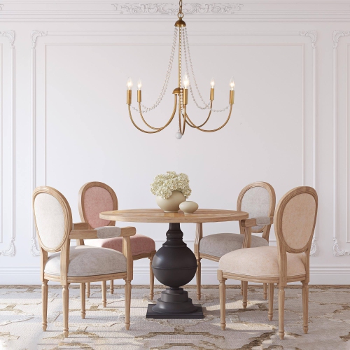 Modern Dining Room Chandelier Light, 5-Light Brushed Gold and Steel Flash with White Beaded Modern/Contemporary LED Dry Rated Chandelier