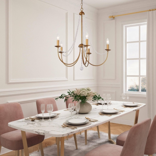 Modern Dining Room Chandelier Light, 5-Light Brushed Gold and Steel Flash with White Beaded Modern/Contemporary LED Dry Rated Chandelier