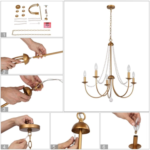 Modern Dining Room Chandelier Light, 5-Light Brushed Gold and Steel Flash with White Beaded Modern/Contemporary LED Dry Rated Chandelier