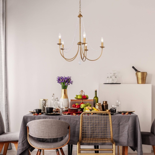 Modern Dining Room Chandelier Light, 5-Light Brushed Gold and Steel Flash with White Beaded Modern/Contemporary LED Dry Rated Chandelier