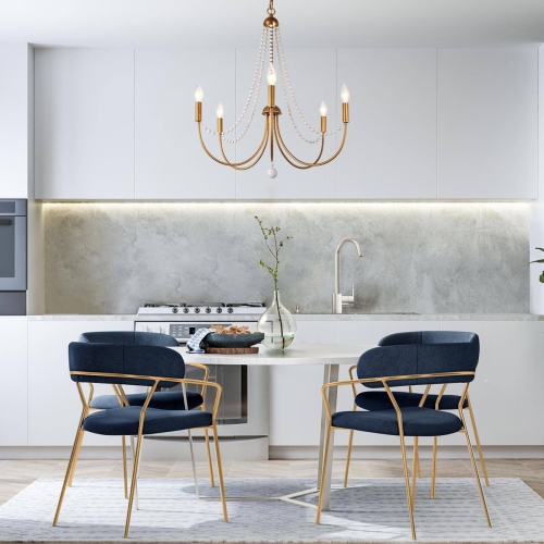 Modern Dining Room Chandelier Light, 5-Light Brushed Gold and Steel Flash with White Beaded Modern/Contemporary LED Dry Rated Chandelier