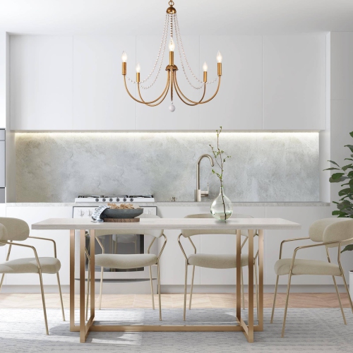 Modern Dining Room Chandelier Light, 5-Light Brushed Gold and Steel Flash with White Beaded Modern/Contemporary LED Dry Rated Chandelier