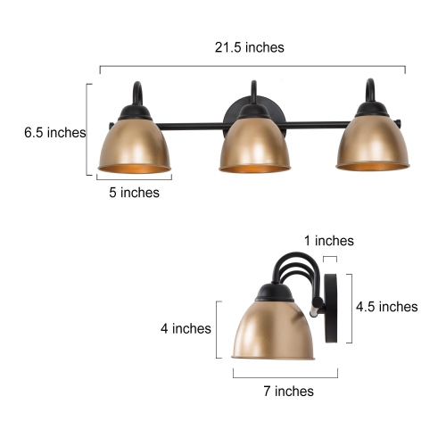 Modern Black Bathroom Vanity Light, 21.3 in. 3-Light Black and Gold Bell Bathroom Vanity Light