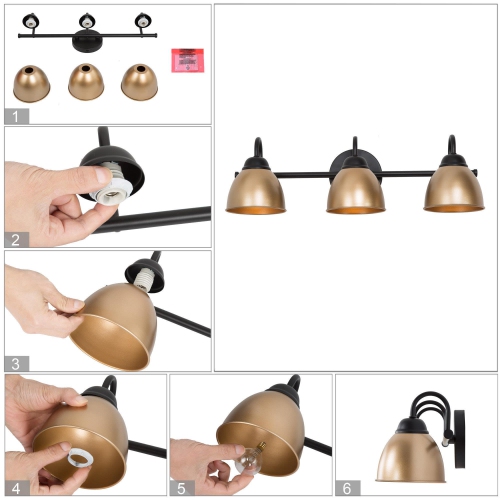 Modern Black Bathroom Vanity Light, 21.3 in. 3-Light Black and Gold Bell Bathroom Vanity Light