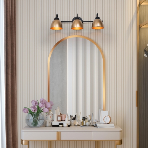 Modern Black Bathroom Vanity Light, 21.3 in. 3-Light Black and Gold Bell Bathroom Vanity Light