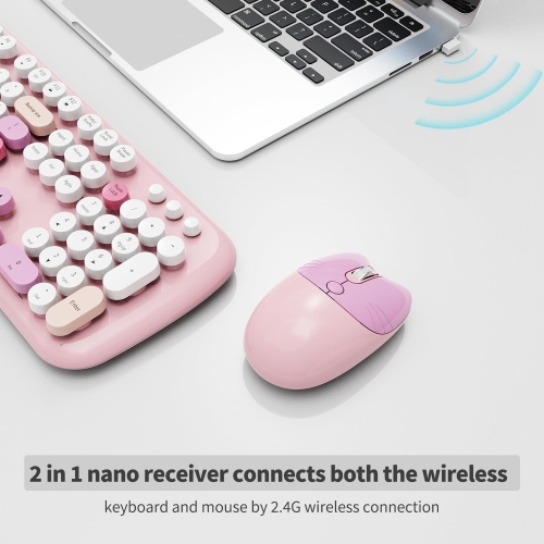 Wireless Keyboard Mouse Combo, Colorful 104 Keys Typewriter Retro Round Keycaps Keyboard for PC Laptop, Windows, Desktop, Home and Office Keyboards,