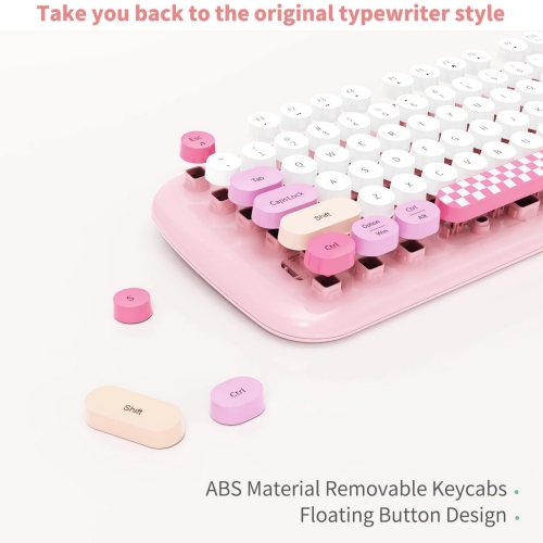 Wireless Keyboard Mouse Combo, Colorful 104 Keys Typewriter Retro Round Keycaps Keyboard for PC Laptop, Windows, Desktop, Home and Office Keyboards,