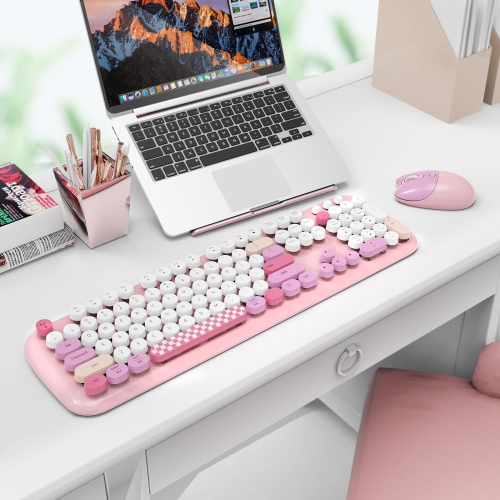 Wireless Keyboard Mouse Combo, Colorful 104 Keys Typewriter Retro Round Keycaps Keyboard for PC Laptop, Windows, Desktop, Home and Office Keyboards,
