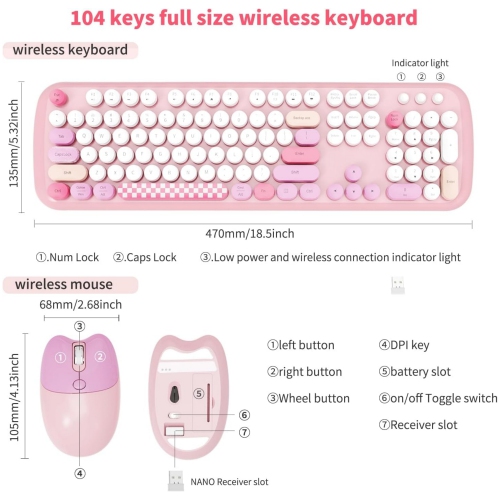 Wireless Keyboard Mouse Combo, Colorful 104 Keys Typewriter Retro Round Keycaps Keyboard for PC Laptop, Windows, Desktop, Home and Office Keyboards,
