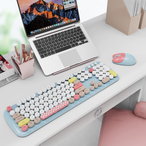 Wireless Keyboard Mouse Combo, Colorful 104 Keys Typewriter Retro Round Keycaps Keyboard for PC Laptop, Windows, Desktop, Home and Office Keyboards,