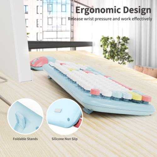 Wireless Keyboard Mouse Combo, Colorful 104 Keys Typewriter Retro Round Keycaps Keyboard for PC Laptop, Windows, Desktop, Home and Office Keyboards,