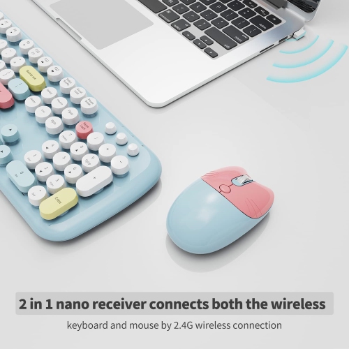 Wireless Keyboard Mouse Combo, Colorful 104 Keys Typewriter Retro Round Keycaps Keyboard for PC Laptop, Windows, Desktop, Home and Office Keyboards,