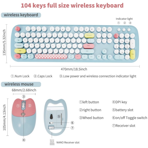 Wireless Keyboard Mouse Combo, Colorful 104 Keys Typewriter Retro Round Keycaps Keyboard for PC Laptop, Windows, Desktop, Home and Office Keyboards,