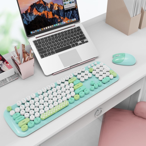 Wireless Keyboard Mouse Combo, Colorful 104 Keys Typewriter Retro Round Keycaps Keyboard for PC Laptop, Windows, Desktop, Home and Office Keyboards,