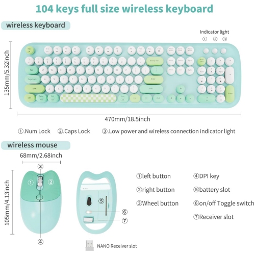 Wireless Keyboard Mouse Combo, Colorful 104 Keys Typewriter Retro Round Keycaps Keyboard for PC Laptop, Windows, Desktop, Home and Office Keyboards,