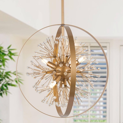 UOLFIN  Drum Dining Room Chandelier, 4-Light Matte Sputnik Beads Globe Modern/contemporary Led Dry Rated Chandelier In Gold