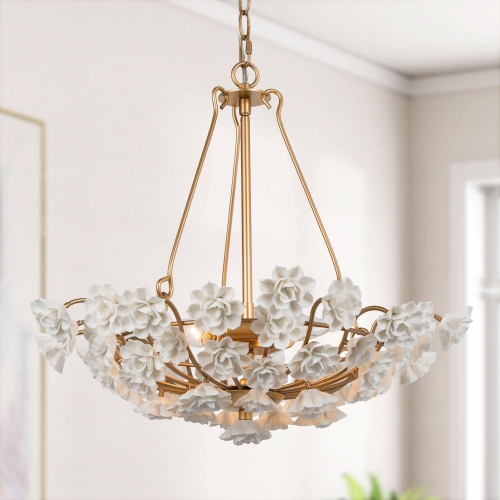Gold Drum Dining Room Chandelier, 3-Light Gold Basket with Handmade Ceramic Flowers Modern/Contemporary LED Dry rated Chandelier