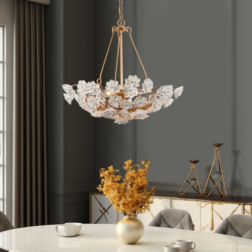 Gold Drum Dining Room Chandelier, 3-Light Gold Basket with Handmade Ceramic Flowers Modern/Contemporary LED Dry rated Chandelier