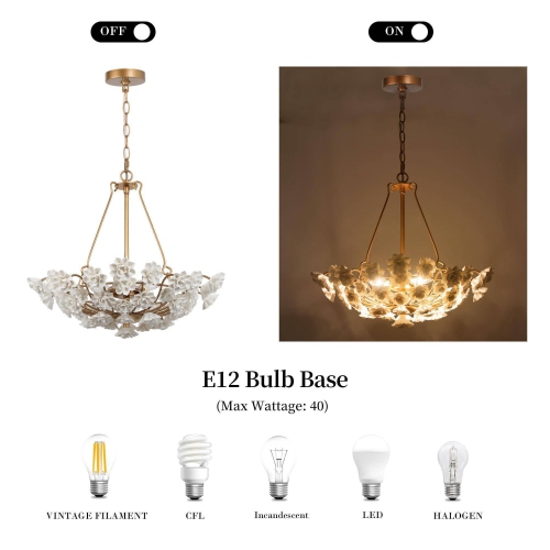 Gold Drum Dining Room Chandelier, 3-Light Gold Basket with Handmade Ceramic Flowers Modern/Contemporary LED Dry rated Chandelier