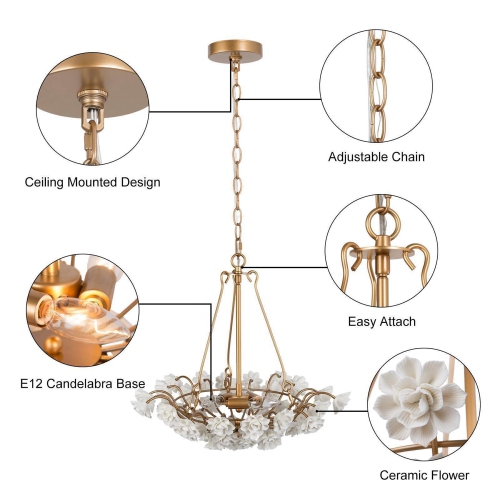 Gold Drum Dining Room Chandelier, 3-Light Gold Basket with Handmade Ceramic Flowers Modern/Contemporary LED Dry rated Chandelier