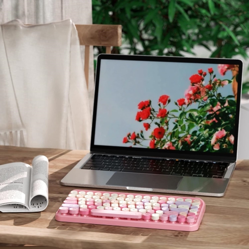 Portable Bluetooth Colorful Computer Keyboards, Wireless Mini Compact Retro Typewriter Flexible 84 Keys Design Keyboard, Pink-Colorful