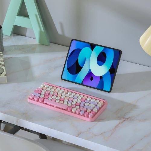 Portable Bluetooth Colorful Computer Keyboards, Wireless Mini Compact Retro Typewriter Flexible 84 Keys Design Keyboard, Pink-Colorful