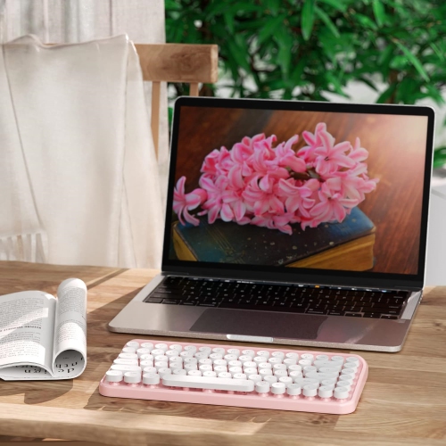 Portable Bluetooth Colorful Computer Keyboards, Wireless Mini Compact Retro Typewriter Flexible 84 Keys Design Keyboard, Pink White