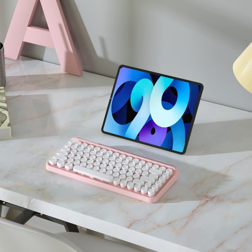 Portable Bluetooth Colorful Computer Keyboards, Wireless Mini Compact Retro Typewriter Flexible 84 Keys Design Keyboard, Pink White
