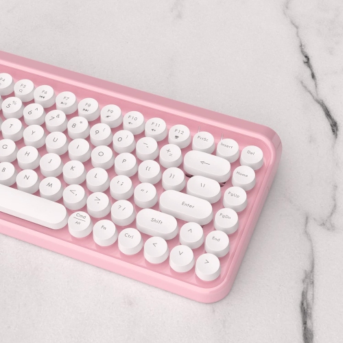 Portable Bluetooth Colorful Computer Keyboards, Wireless Mini Compact Retro Typewriter Flexible 84 Keys Design Keyboard, Pink White
