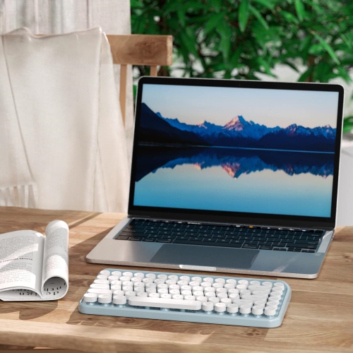 Portable Bluetooth Colorful Computer Keyboards, Wireless Mini Compact Retro Typewriter Flexible 84 Keys Design Keyboard, Blue White