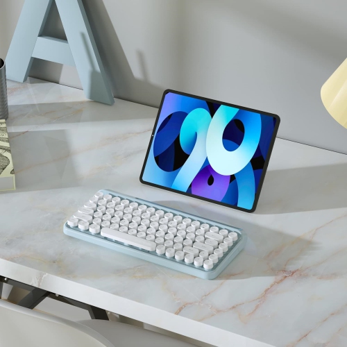 Portable Bluetooth Colorful Computer Keyboards, Wireless Mini Compact Retro Typewriter Flexible 84 Keys Design Keyboard, Blue White