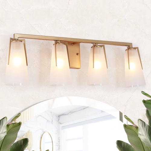 Modern Farmhouse Bathroom Vanity Light, 28 in. 4-Light Contemporary Gold Wall Sconces with Bell Frosted Glass Shades