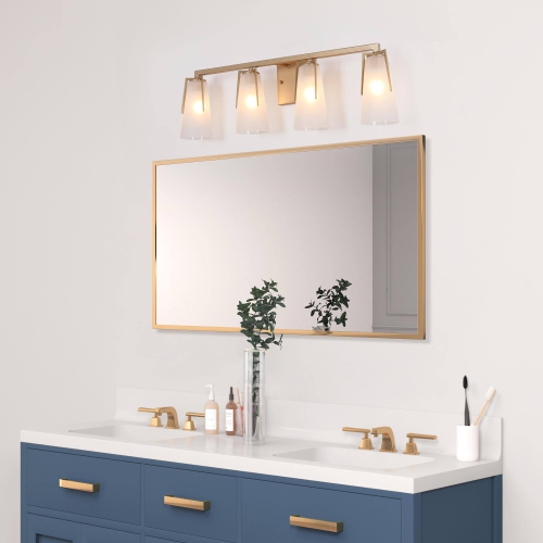 Modern Farmhouse Bathroom Vanity Light, 28 in. 4-Light Contemporary Gold Wall Sconces with Bell Frosted Glass Shades