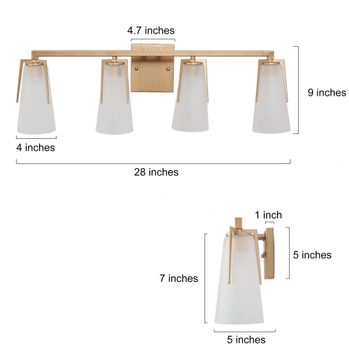 Modern Farmhouse Bathroom Vanity Light, 28 in. 4-Light Contemporary Gold Wall Sconces with Bell Frosted Glass Shades