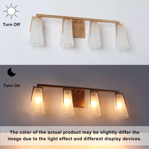 Modern Farmhouse Bathroom Vanity Light, 28 in. 4-Light Contemporary Gold Wall Sconces with Bell Frosted Glass Shades