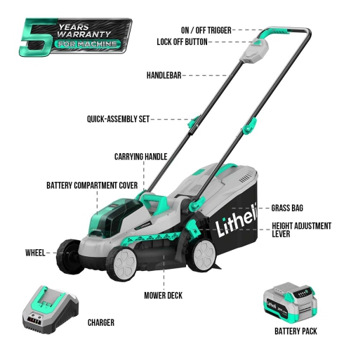 Litheli Cordless Lawn Mower 13 Inch, 5 Heights, 20V Battery Lawnmower for Garden, Yard and Farm, 4.0Ah Battery & Charger Included