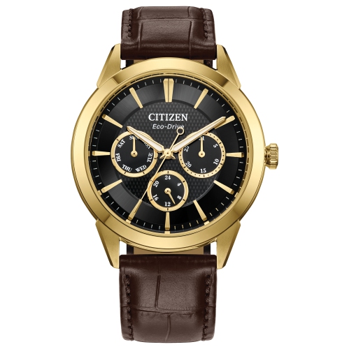 Citizen Mens Rolan Eco-Drive Watch 40mm Gold-Tone Stainless Steel Case Brown Leather Strap with Black Dial