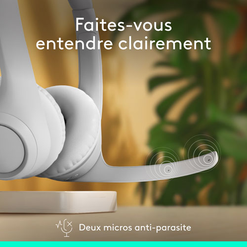 Casque d'écoute sans fil Bluetooth Zone 300 avec microphone à suppression du bruit de Logitech - Blanc cassé