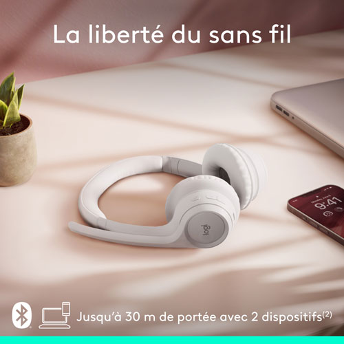 Casque d'écoute sans fil Bluetooth Zone 300 avec microphone à suppression du bruit de Logitech - Blanc cassé